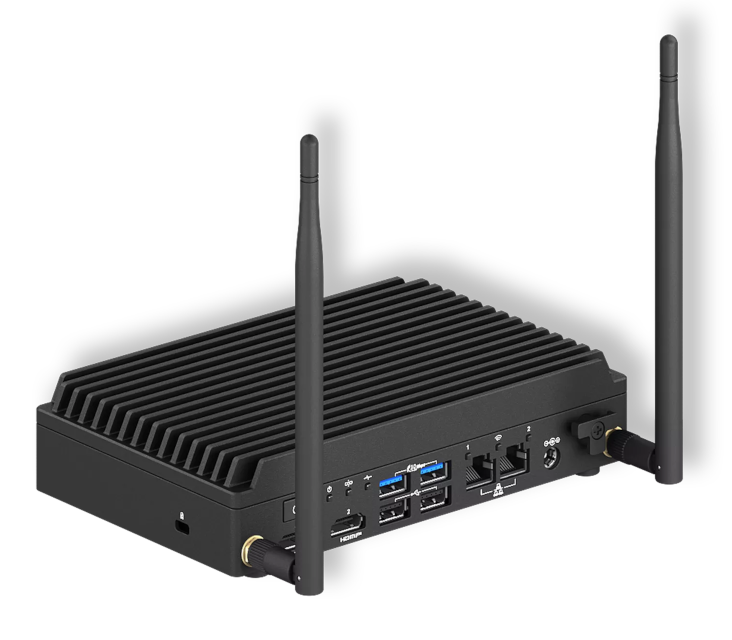 Rear view of black metal hub with external heat sink and antennas, with four USB ports, two HDMI ports, two Ethernet ports and a DC power port.