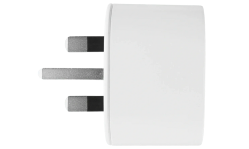 A white UK plug with three pins