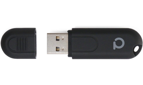 A black USB dongle with a removeable lid