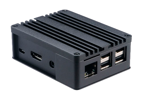 A digital signage player with a black metal case featuring cooling fins